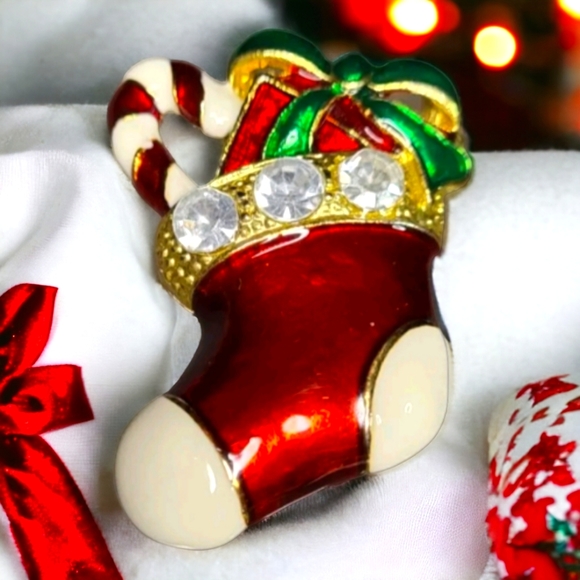 80th Vintage Enamel & Rhinestone Christmas Stocking Candy Cane Brooch - Picture 1 of 6